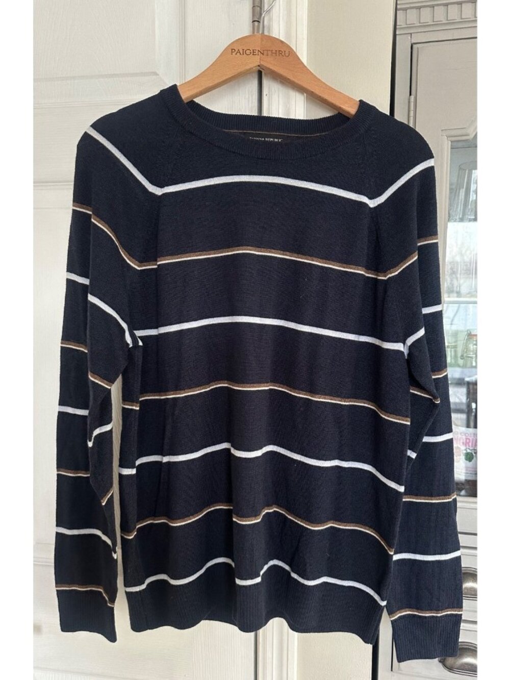 Banana Republic Men's LG Navy Striped 100% Merino Wool Sweater NEW